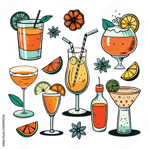 A vibrant vector illustration set of fresh tropical summer cocktails and fruit drinks with ice and citrus slices in different glasses