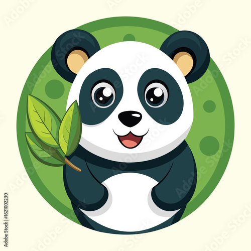 Cute baby panda cartoon character happily eating a bamboo leaf