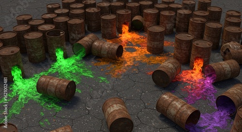 Toxic Spill: Rusty Barrels Spewing Vivid Chemicals