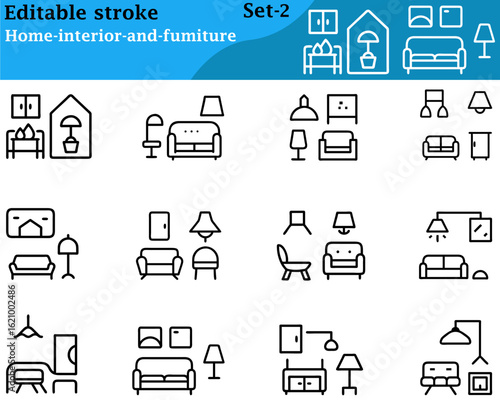 Stylish home interior and furniture icons showing sofas, chairs, tables, lamps, beds, and decor elements, designed with clean lines and modern colors to represent comfort, style, and functionality.