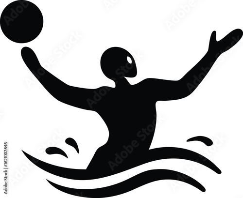 Black silhouette icon of a water polo player holding a ball with waves vector illustration