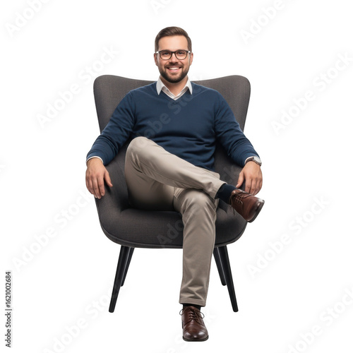 Smiling man sitting in modern chair isolated on transparent background