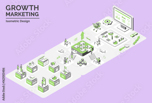 Cartoon Color Tools, Team, Sales Dashboard and Analytics Growth Marketing Concept 3d Isometric View Line Elements. Vector illustration