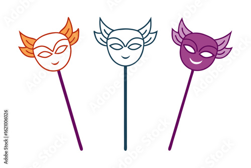 Handheld Carnival Mask on Stick Line Art Illustration