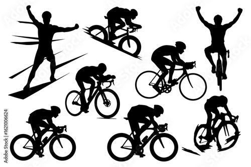 Vector silhouettes of people cycling, including a man, children, and a diverse group of riders in action