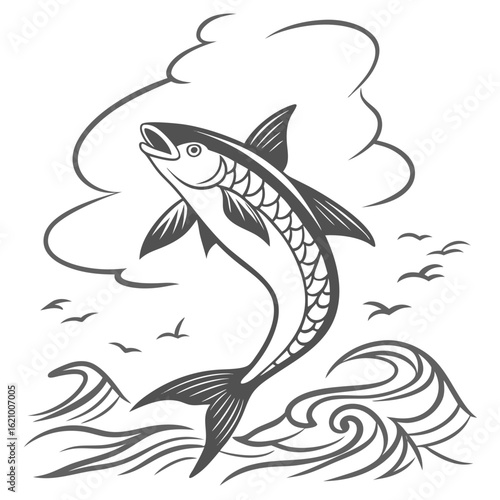 Vector illustration of a cartoon fish swimming underwater in the ocean with aquatic nature elements