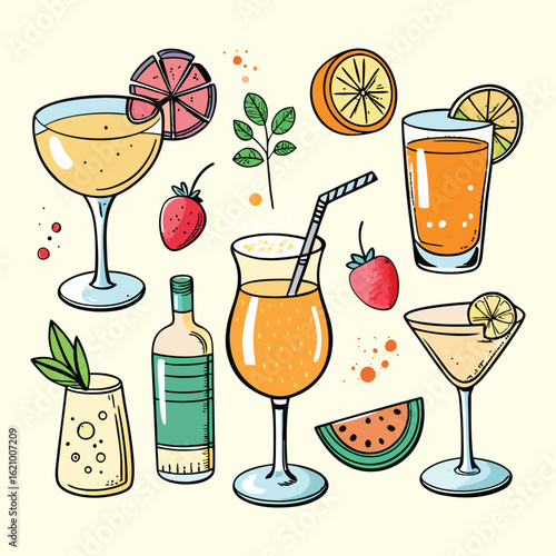 A colorful set of fresh summer cocktails and cold alcoholic beverages with fruit, ice, and cherries in various glasses
