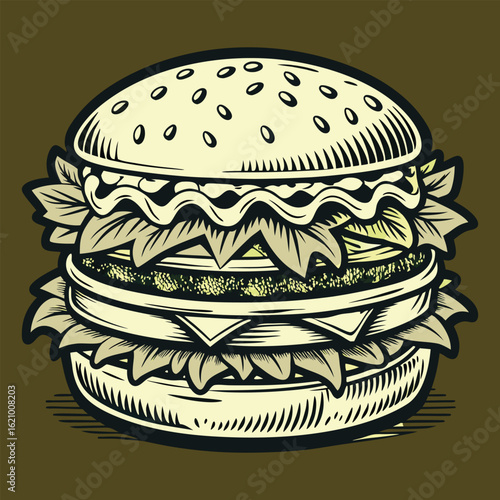 Vintage Juicy cheeseburger with fresh lettuce, tomato, and onion on a sesame seed bun