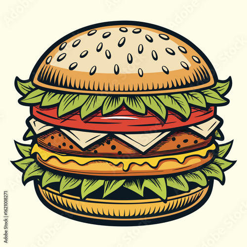 A classic beef cheeseburger with sesame bun, fresh lettuce, and tomato, isolated on a clean black or white background