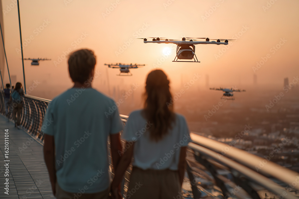Fototapeta premium Couple enjoys a romantic stroll on a floating pedestrian pathway at sunset with flying drones
