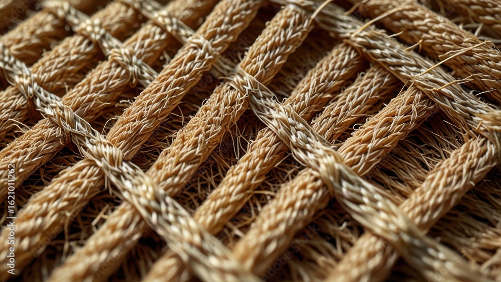 Fototapeta premium Detailed Texture of Natural Sisal Fiber Cloth in Soft Golden Handwoven Pattern