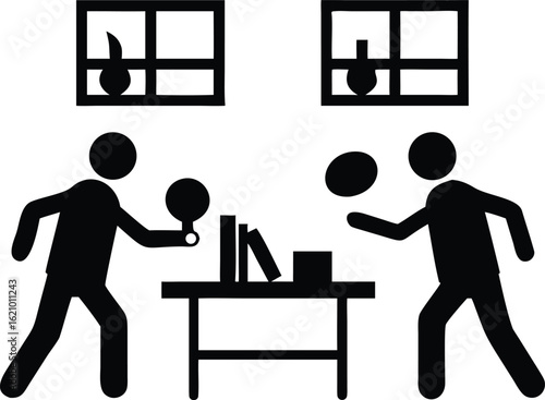 Two People Playing Table Tennis With Books On A Table And Windows ping pong sport