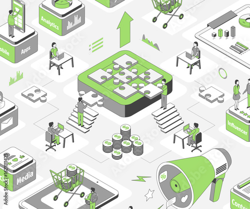 Cartoon Color Growth Marketing Concept with Teamwork Opportunity Card Background 3d Isometric View Line Elements. Vector illustration