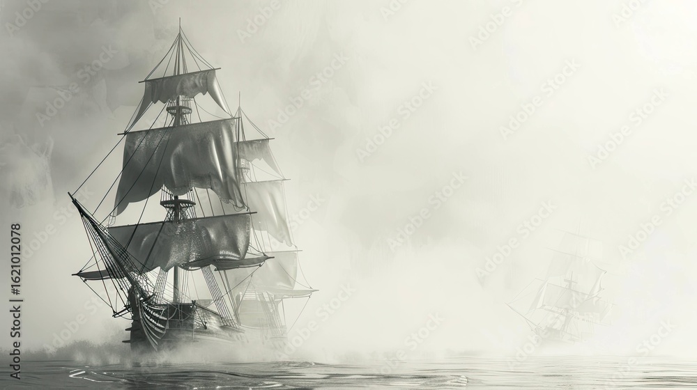 Fototapeta premium Ships glide through a quiet, misty sea with full white sails, fading into a soft grayscale horizon.