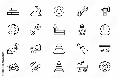A modern line art collection of construction and building-themed toys. Perfect for STEAM education content, maker kits, preschool tools, and toy box branding
