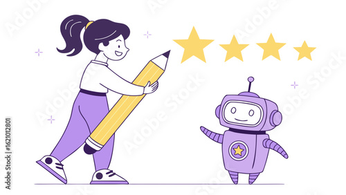 Woman rating robot with pencil and stars for feedback and customer satisfaction
