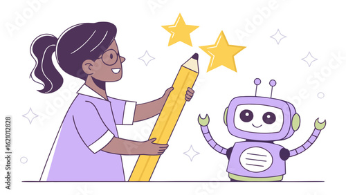 Girl robot pencil stars learning education teaching ai assistance future tech art