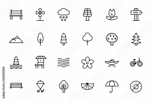 A tranquil line art set focusing on natural integration in city environments. Excellent for parks department use, wellness brands, and nature-in-the-city guides