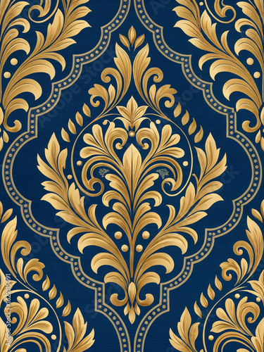 features an ornate, gold floral pattern on a deep blue background. The design is intricate, with swirling leaves and decorative elements, creating a luxurious and elegant appearance.