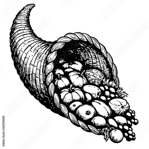 Vintage sketch of a cornucopia overflowing with fruits and vegetables  