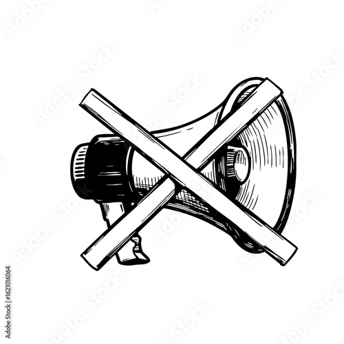 Crossed-out loudspeaker sketch symbolizing silence or prohibition  