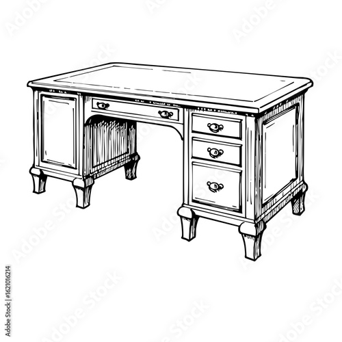 Vintage sketch of a wooden desk with drawers and a spacious surface  