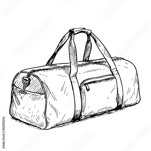 Vintage sketch of a duffel bag with handles and zipper details  