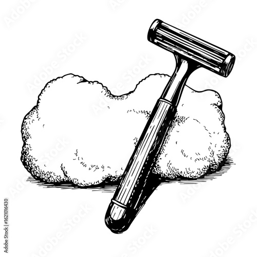 Vintage shaving razor and foam sketch illustration  