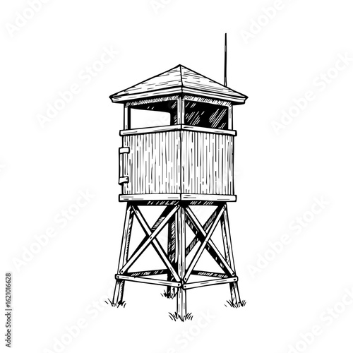 Vintage sketch of a wooden guard tower in a natural setting  
