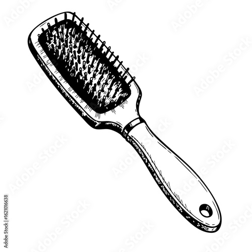 Vintage hairbrush sketch with a wooden handle and bristles  