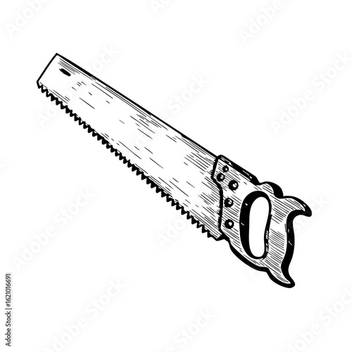 Vintage hand saw sketch illustration in black and white  