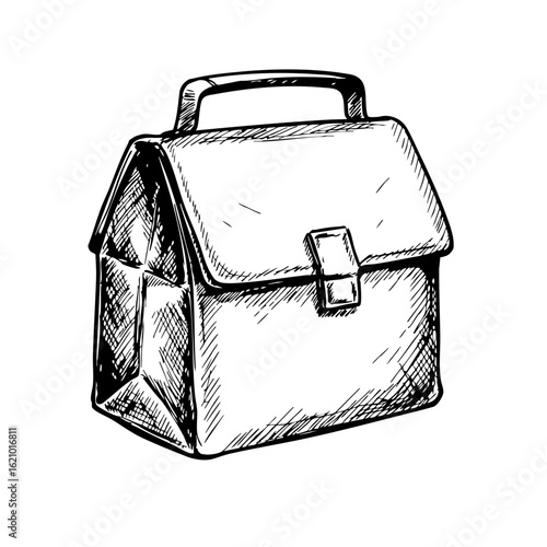 Vintage sketch of a lunch bag with a handle and flap closure  