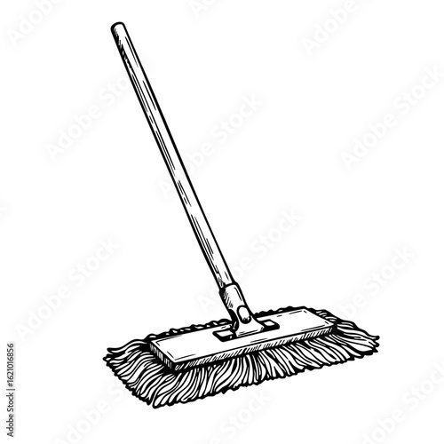 Vintage mop sketch showing cleaning tool with a long handle  