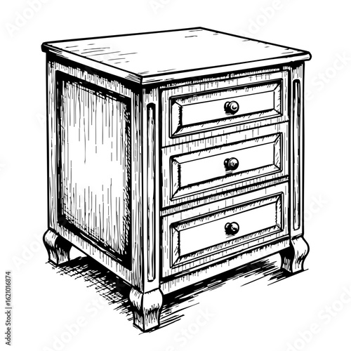 Vintage sketch of a nightstand with three drawers and ornate legs  