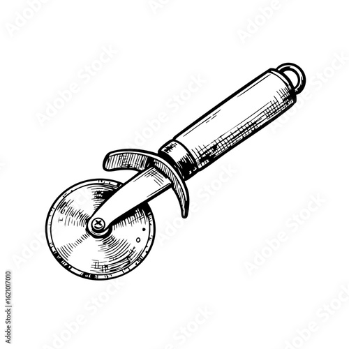 Vintage sketch of a pizza cutter with a wooden handle  