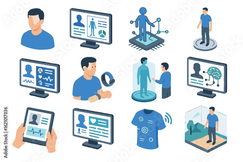 Vector remote projection isometric virtual biometric simulation icon twin behavior holographic record