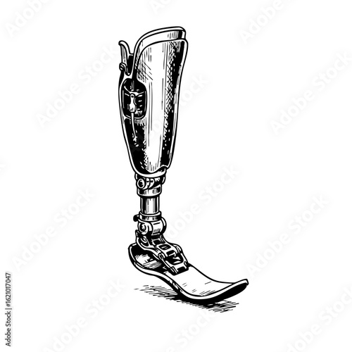 Vintage prosthetic leg illustration in detailed sketch style  