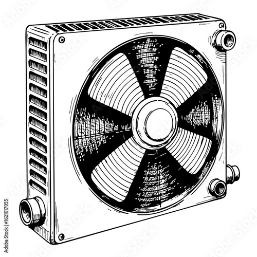 Vintage sketch of a radiator fan in detailed black and white  