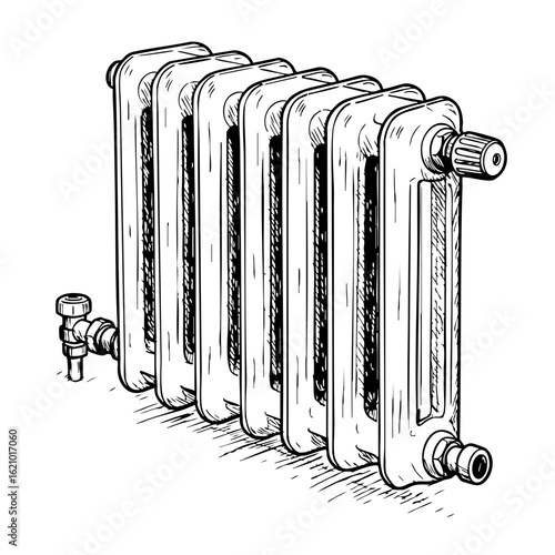 Vintage sketch of a radiator with detailed valves and pipes  