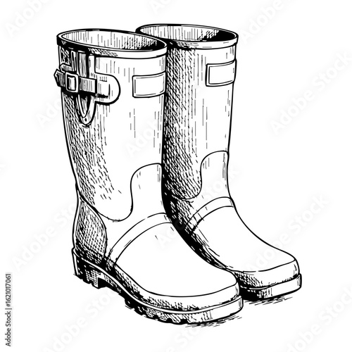 Vintage sketch of rain boots in a detailed line art style  