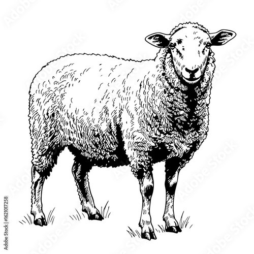 Vintage sketch of a sheep standing on grass  
