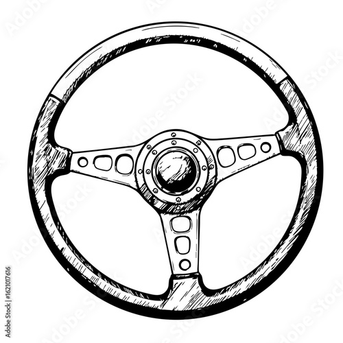 Vintage sketch of a steering wheel in a detailed design  