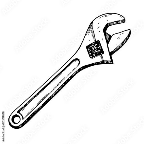 Adjustable wrench vintage sketch drawing in black and white  