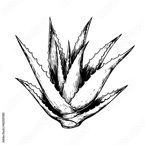 Aloe vera plant vintage sketch illustration in black and white  