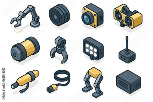 Vector robotic waterproof casing cable icons underwater sensor icon led thrusters manipulator