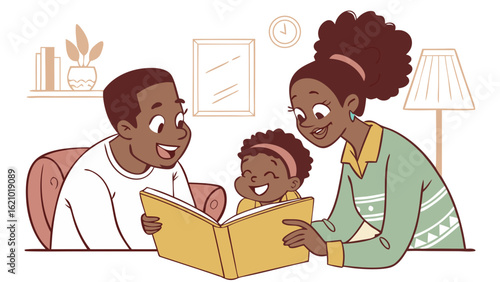 "Parents and Children Reading Together at Home | Cartoon Hobby Portrait"