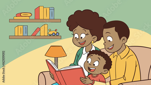 "Parents and Children Reading Together at Home | Cartoon Hobby Portrait"