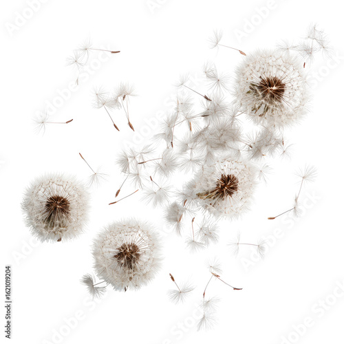 Fluffy dandelion seed heads scattered