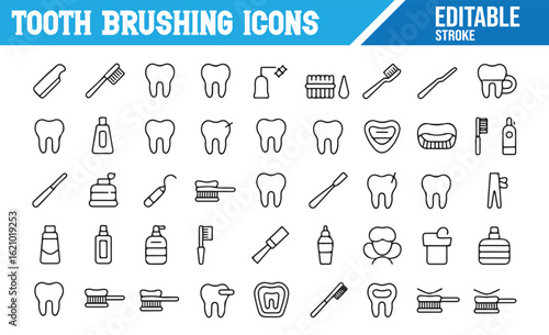 Set of Tooth Brushing Icons, Toothpaste, Brush, and Oral Care. Editable Stroke Vector Icons for Dental Hygiene, Tooth Cleaning, and Oral Health.