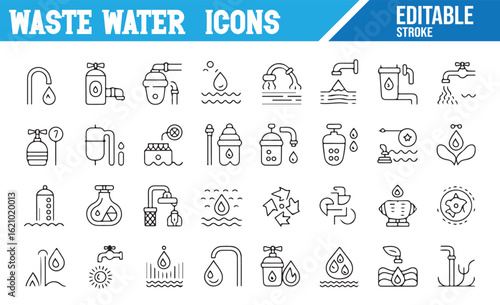 Editable Water Waste Icons for Sewage, Drainage, and Treatment